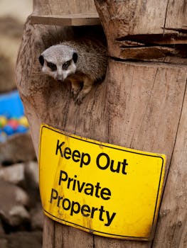 A curious meerkat emerges beside a 'Keep Out' sign, Stockton-on-Tees zoo.